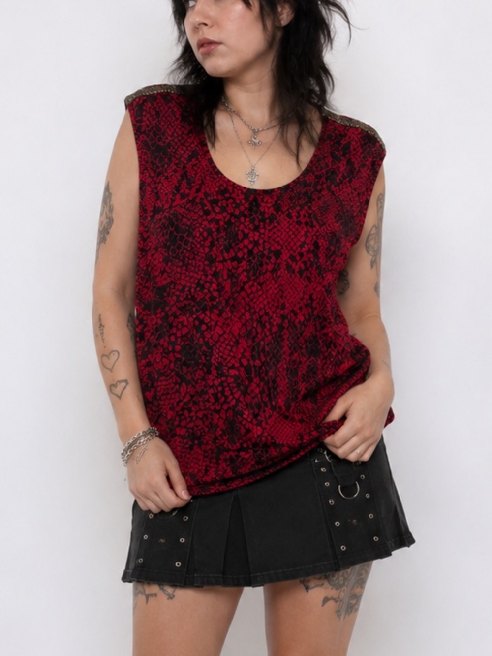 Michel Studio Y2K Red and Black Snake-Print Slouchy Top with Gold Shoulder Trim